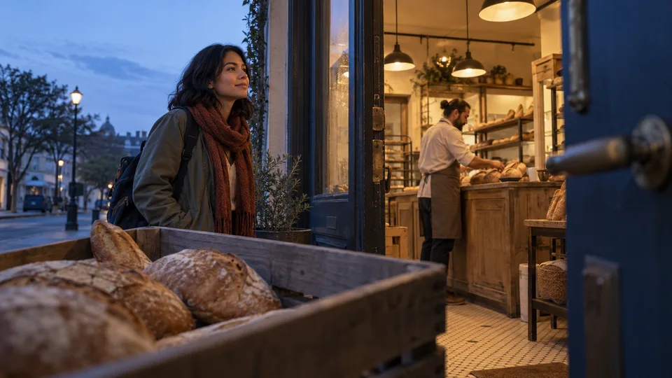 A traveler pauses at a neighborhood bakery as a worker arranges fresh bread inside at dawn.