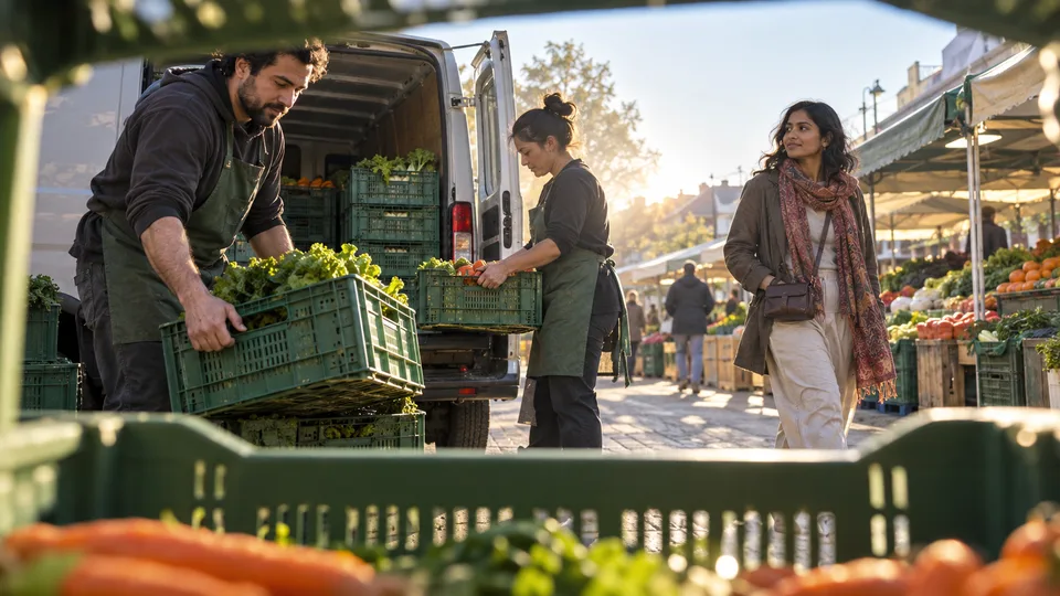 A traveler walks through a neighborhood produce market while workers unload fresh vegetables.