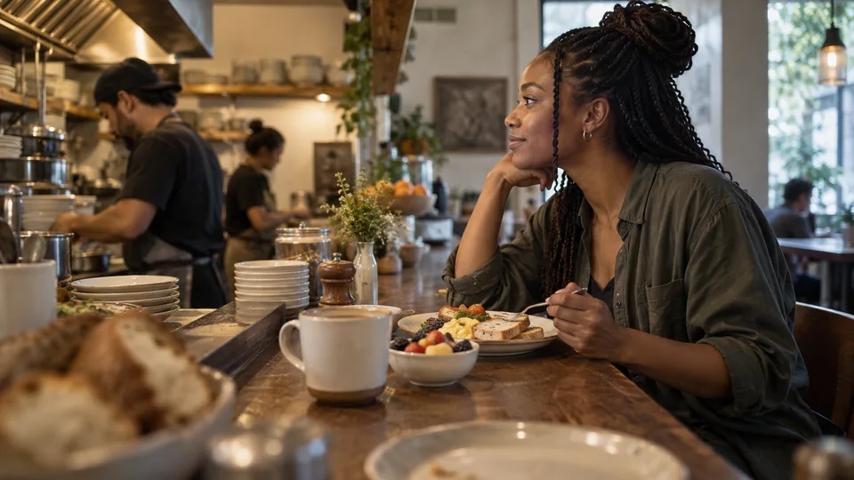 A traveler enjoys a simple breakfast at a neighborhood cafe counter while the kitchen works behind her.