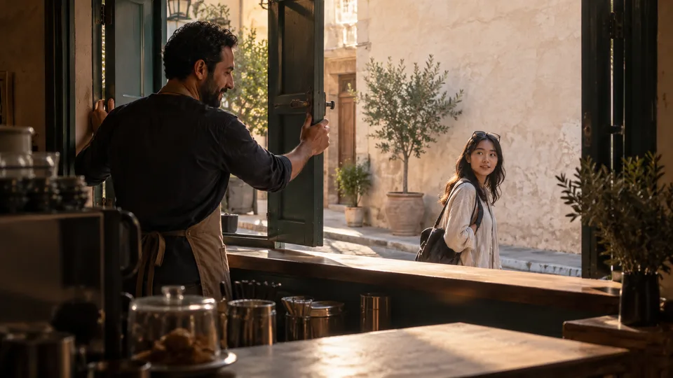 A traveler and a cafe worker notice each other across an open street-facing window.