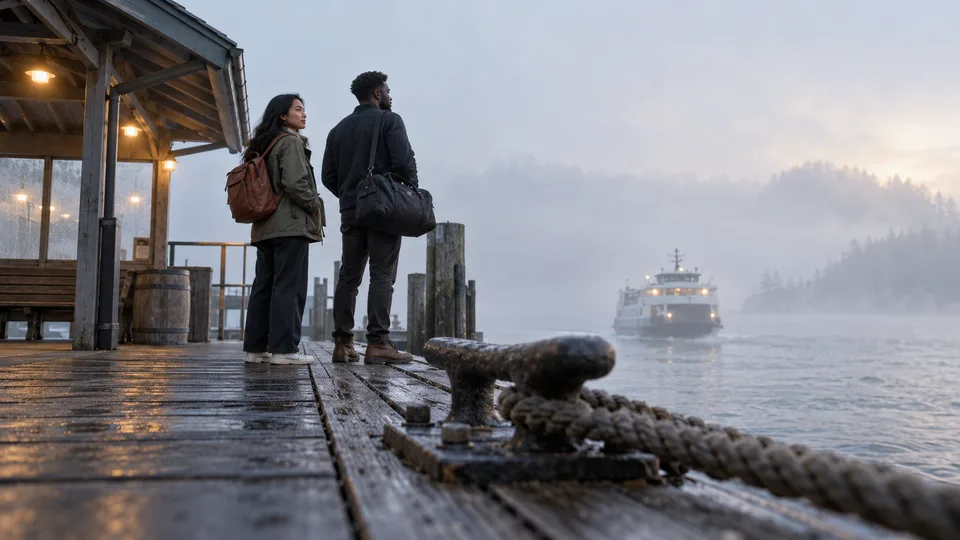 Two travelers wait on a dock as a regional ferry approaches through soft morning mist.