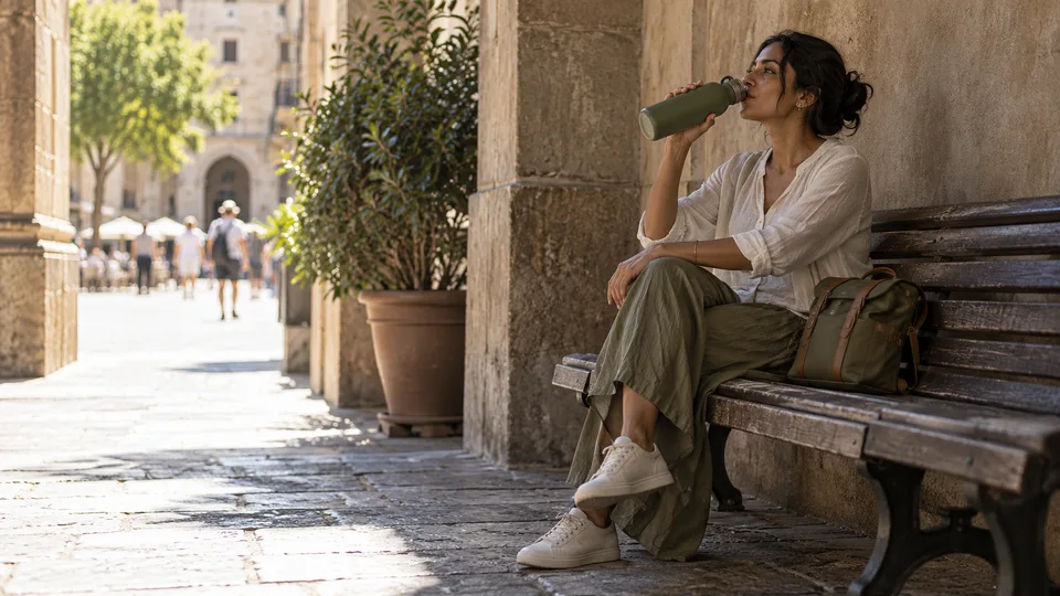A traveler drinks water on a shaded bench during a hot-weather city visit.