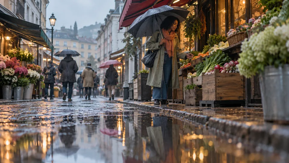 A traveler with an umbrella pauses at a neighborhood produce market on a rain-wet street.