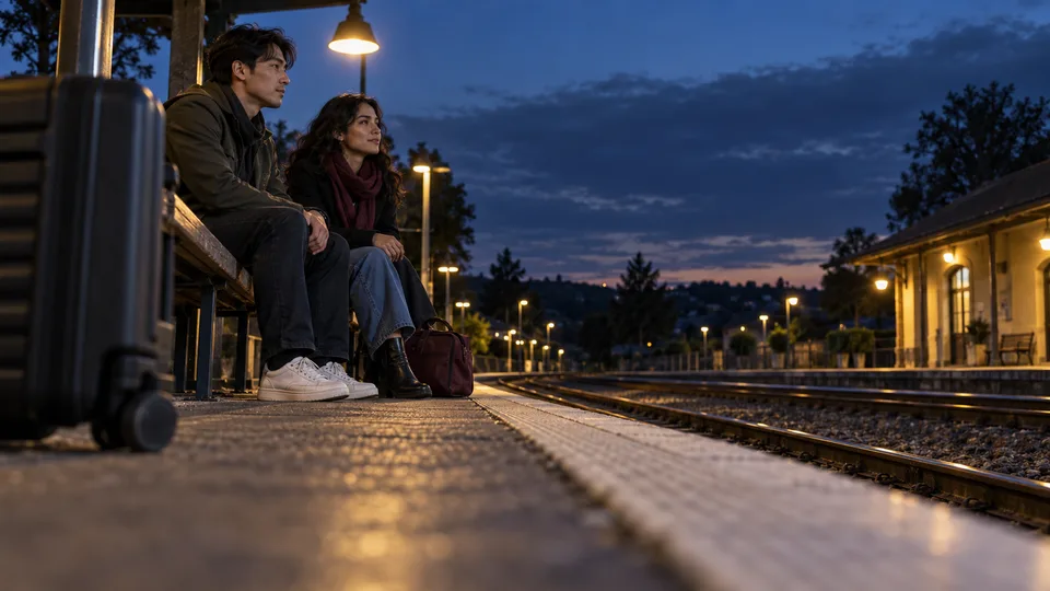 Two travelers sit safely at a quiet regional platform with luggage at blue hour.