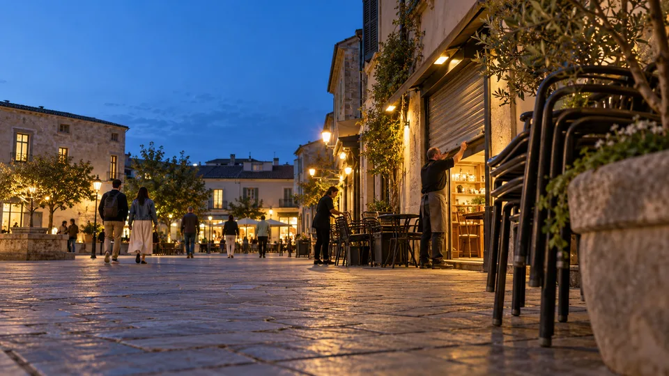 People cross a small town square as cafe workers put away chairs and close for the evening.