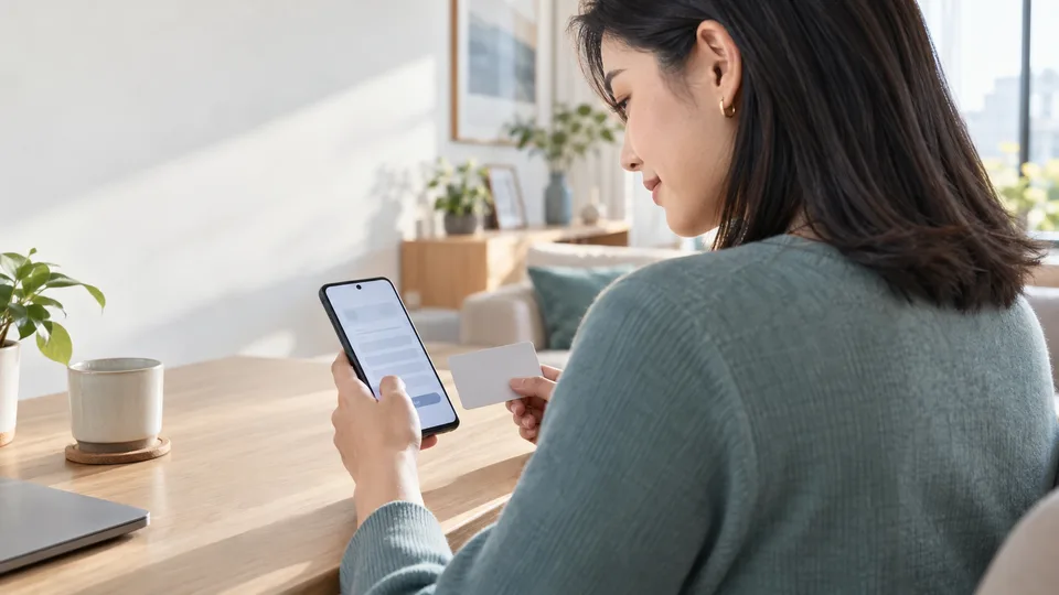 A young woman reviews a digital bank application on her phone at a sunlit table.