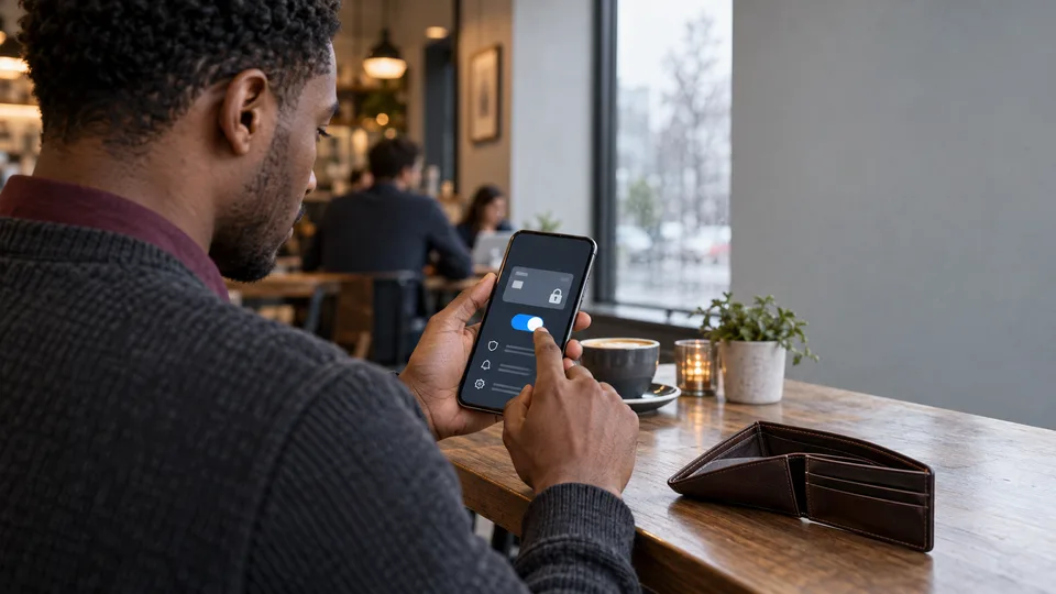 A woman checks her phone beside an open wallet after noticing her payment card is missing.