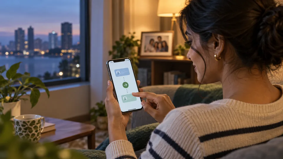 A woman checks a phone transfer while sitting at home in evening light.