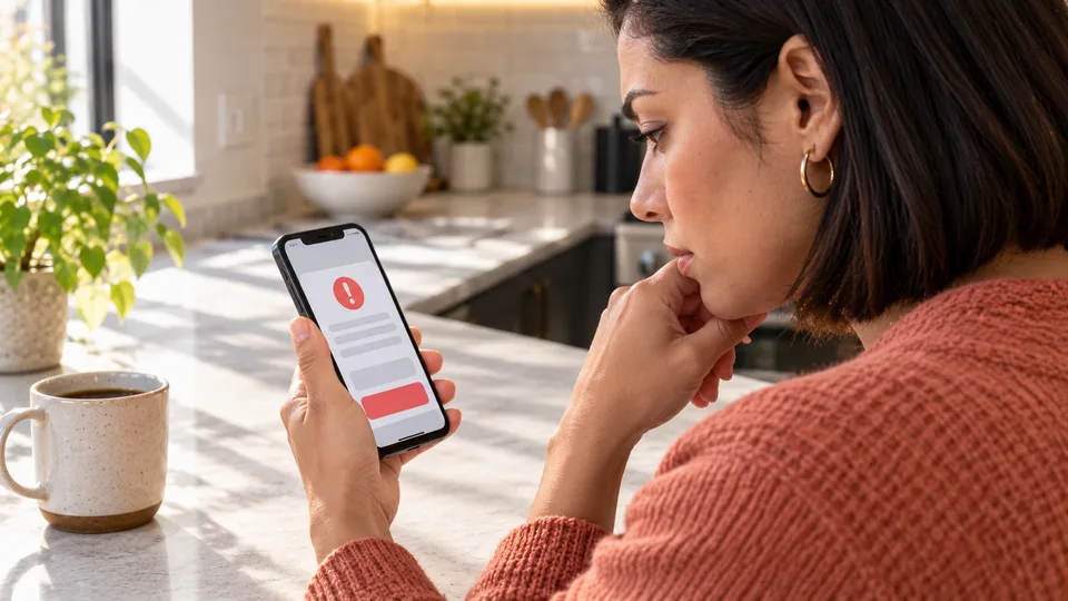 A woman studies an unfamiliar transaction on her phone at a quiet table.