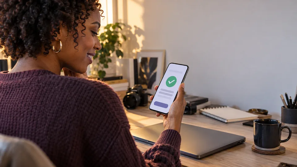 A freelancer checks a payment notification on her phone beside a laptop and work notes.
