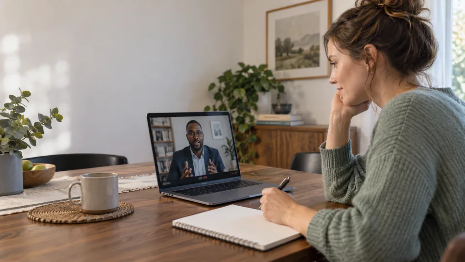 A client speaks with a financial adviser by video from a desk with a notebook.