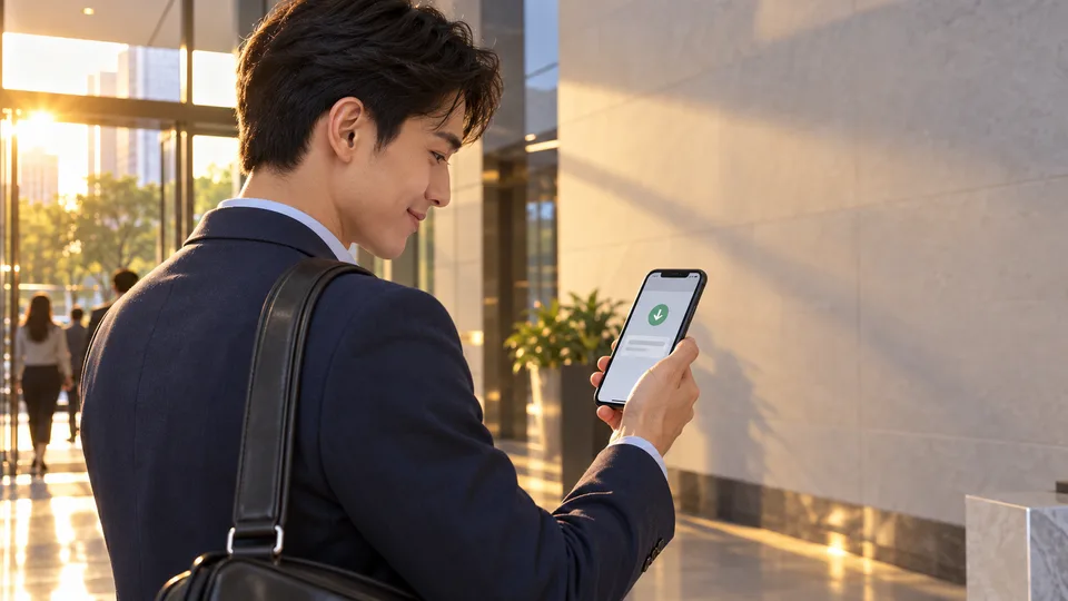 A young worker checks a salary notification on a phone after leaving work.