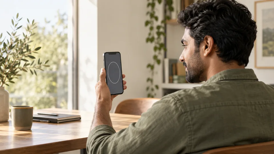 A woman holds her phone at face height during an online identity check.