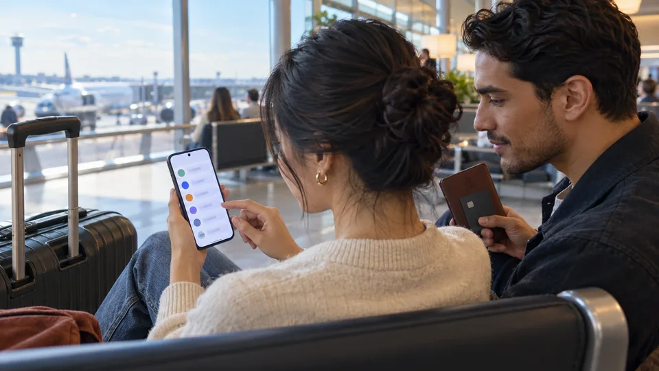 A traveler checks a mobile wallet near luggage in an airport lounge.