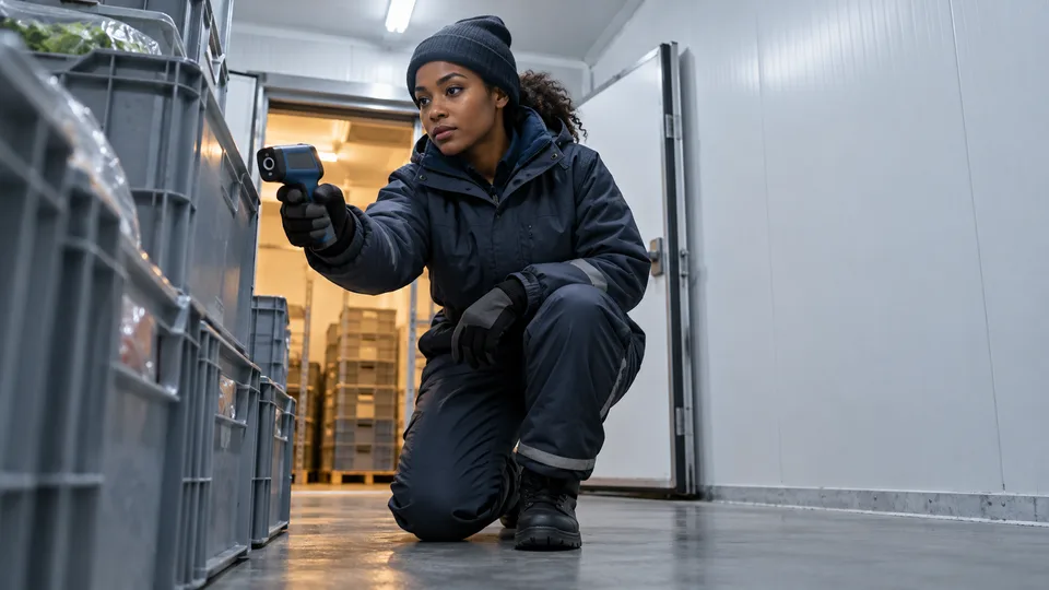 A cold-storage worker checks a temperature display beside stacked produce crates.