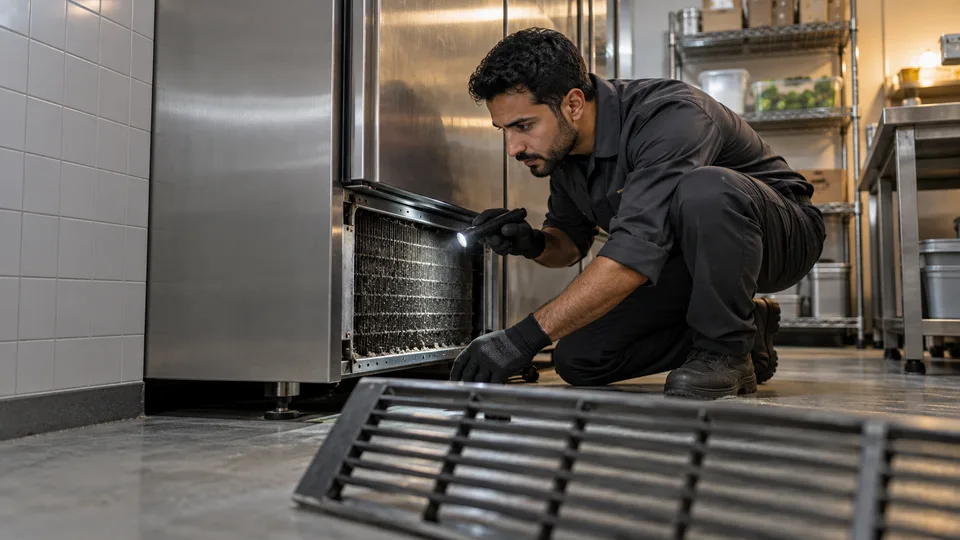 A refrigeration technician inspects an open commercial cooling unit in a working kitchen.