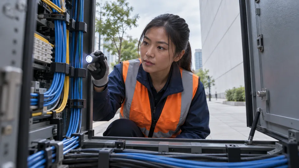 A technician examines an open telecom cabinet and its organized connections.
