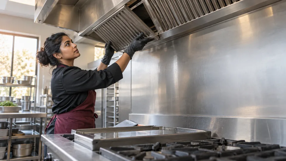A worker inspects a removable ventilation filter above a commercial kitchen.