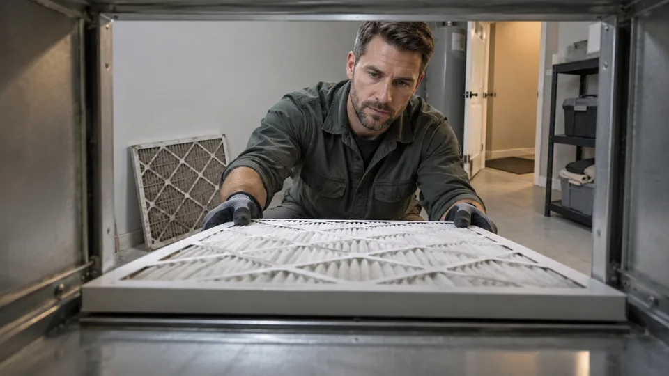 A building technician checks a removable HVAC filter in a mechanical space.
