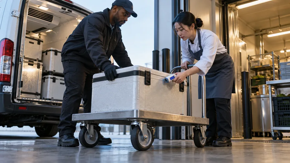 Two logistics workers check the outside of a cold-chain shipment during a handoff.