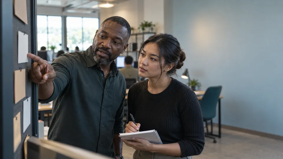 A newer employee observes a mentor during a practical workplace task.