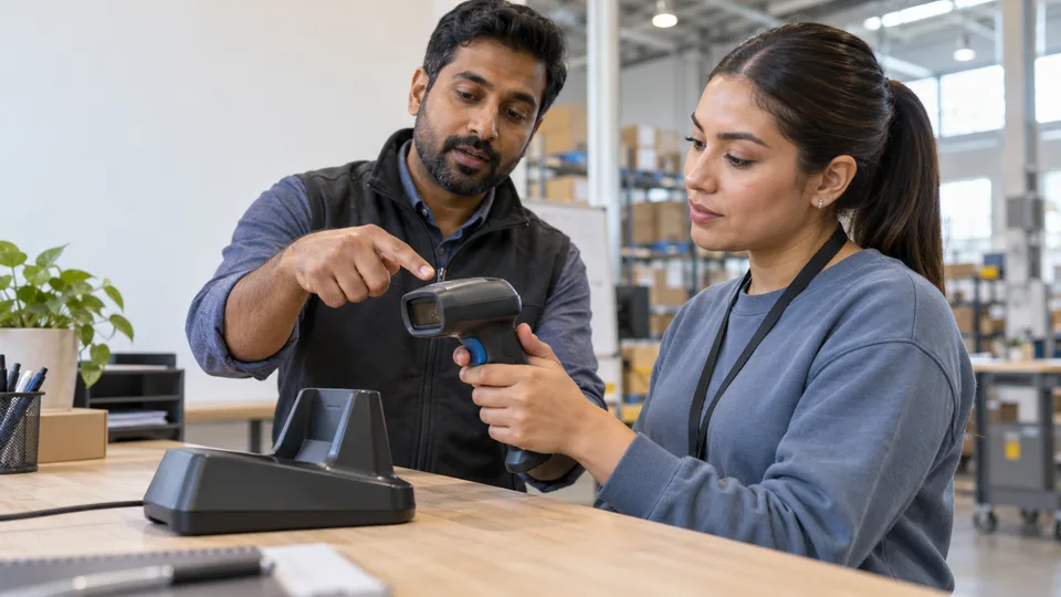 A worker receives an equipment orientation from a colleague in a working facility.