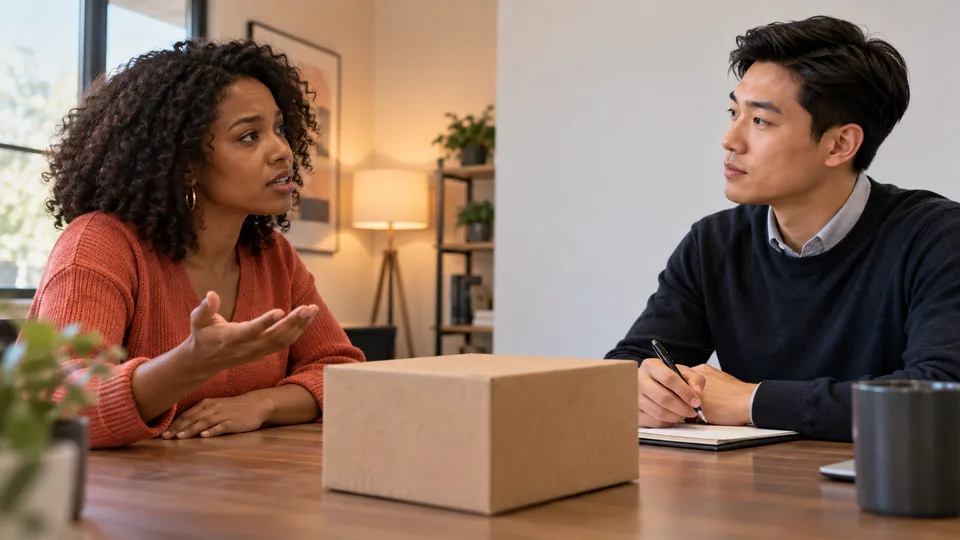 Two colleagues rehearse a customer-service exchange across a worktable.