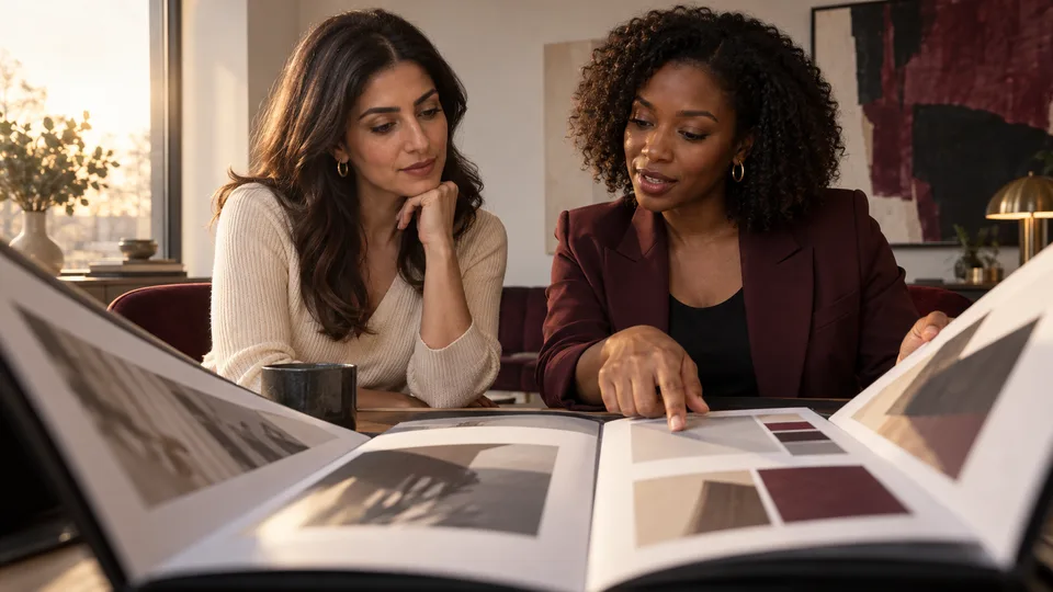 A professional and adviser review a portfolio together at a sunlit desk.