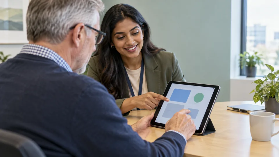 A younger colleague guides an older worker through a digital task at a computer.