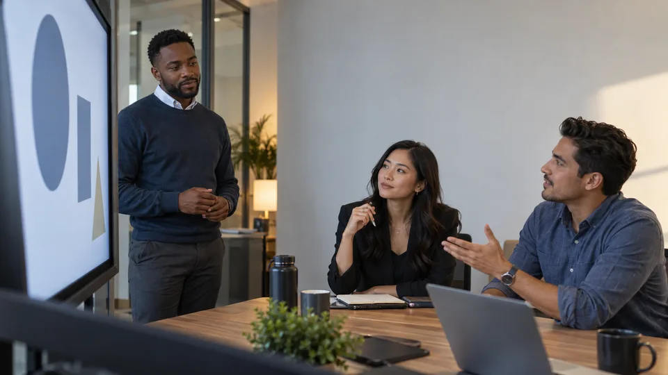 A presenter listens as colleagues discuss a visual draft after a practice presentation.