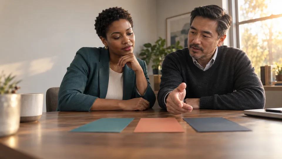 A supervisor and colleague discuss a workplace situation during a focused coaching session.