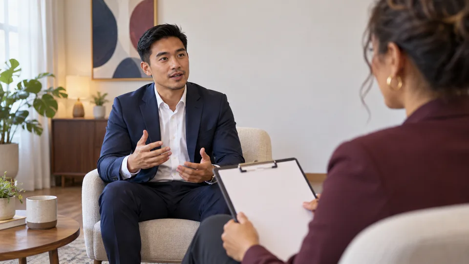 A candidate rehearses an interview with a coach in a calm, professional setting.