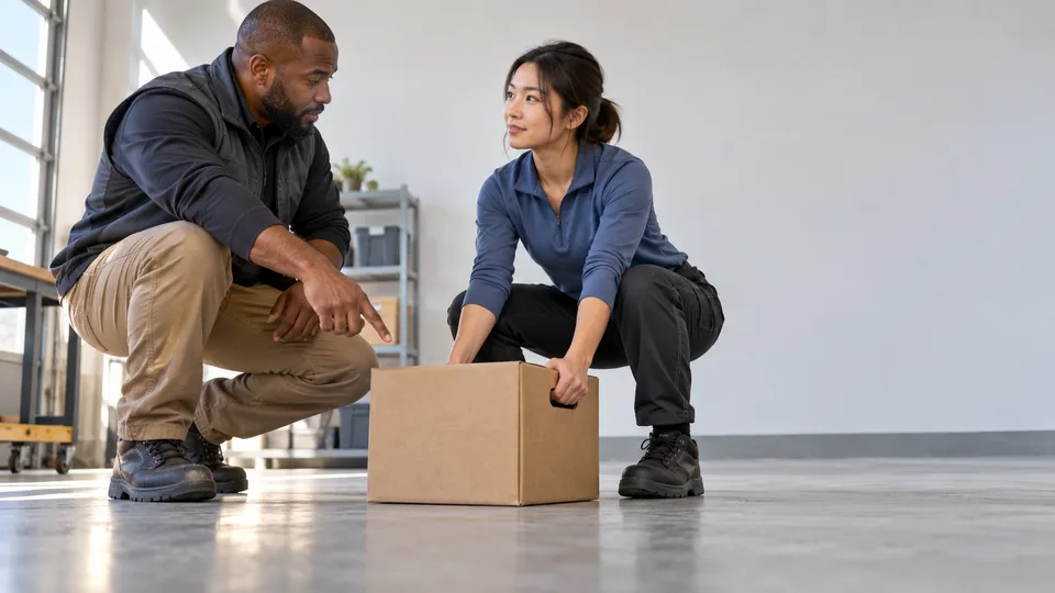 Workers practice moving a box with bent knees and the load held close in a training space.