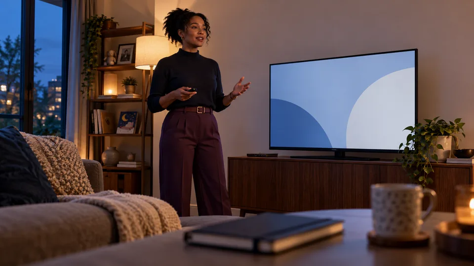 A parent practices a work presentation at home while balancing a family evening.