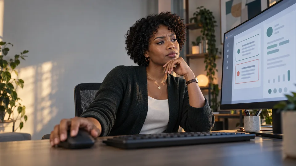 A support professional reviews an abstract AI-assisted customer response on a screen.