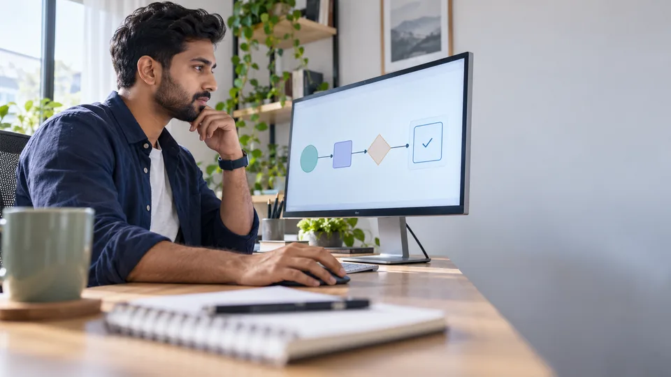 A professional arranges a visual workflow on a monitor at a small desk.
