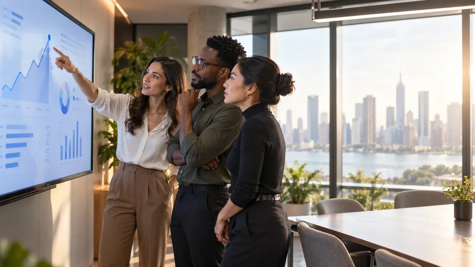 A small team reviews a large business dashboard together in a bright office.