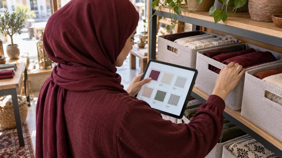 A shop worker compares storage bins with a tablet inventory view.