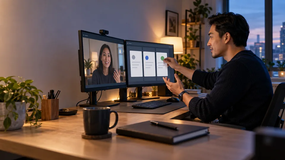 A remote worker points to a project screen during a video handoff.