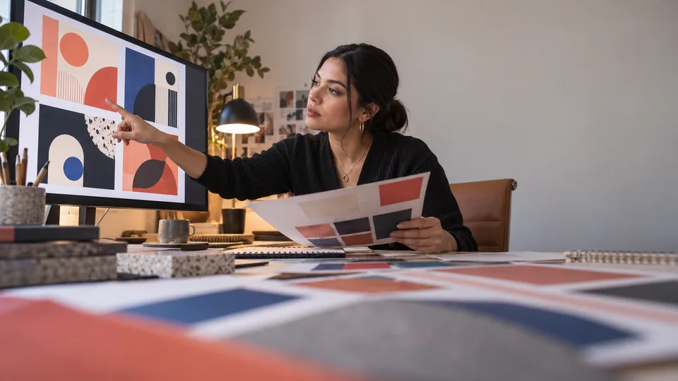 A designer compares abstract design variations on a monitor and printed sheets.