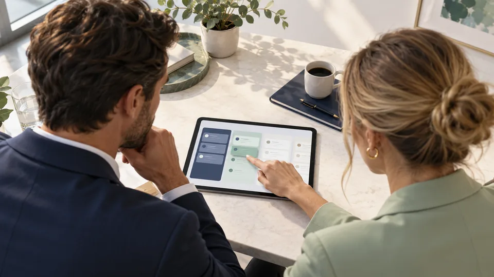 Two colleagues discuss an abstract sales pipeline on a tablet.