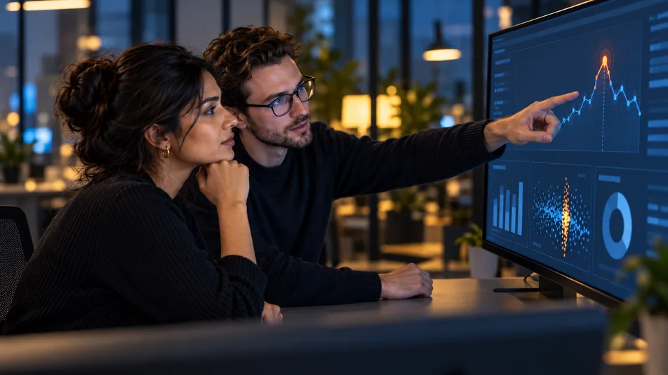 Two analysts study a highlighted change on a large data dashboard.