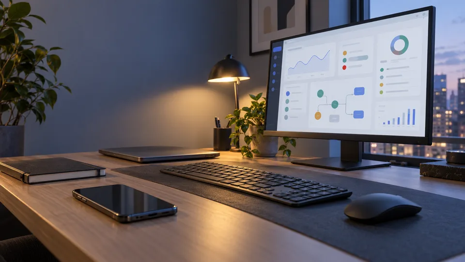 An unoccupied desk holds a monitor with an abstract operations dashboard at blue hour.