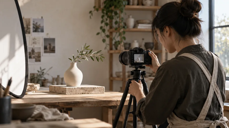A small-business owner photographs a ceramic piece with a camera and simple reflector.