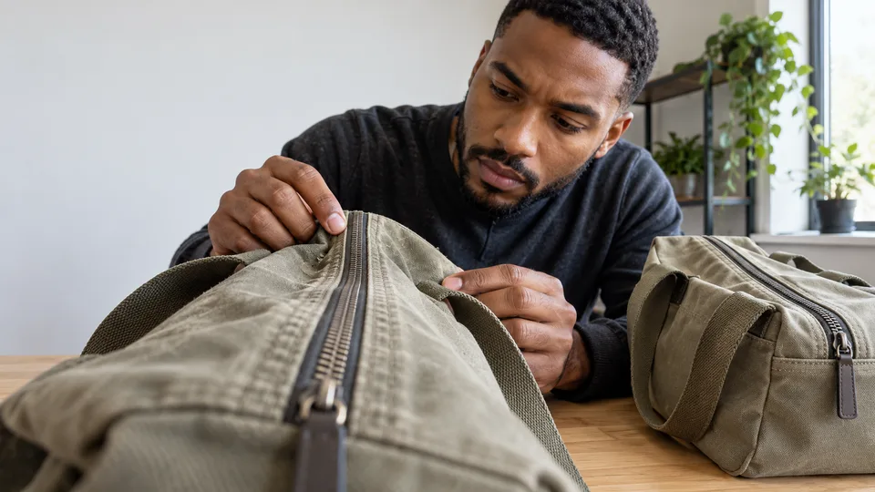 A shop owner inspects the stitching of a returned canvas bag on a worktable.
