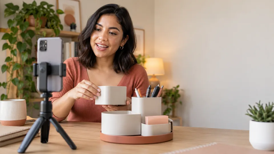 A maker demonstrates a desk organizer to a phone camera in a small studio.