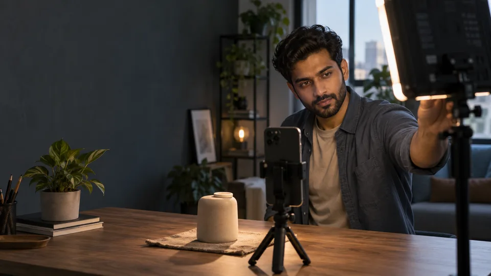 A creator adjusts a panel light beside a phone and ceramic product before recording.