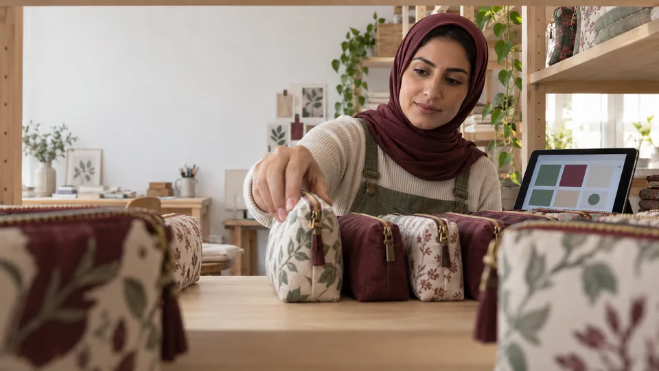 A maker checks a row of handmade fabric pouches beside a tablet in a small studio.