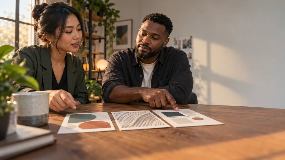 A freelancer and client compare printed color and texture references across a table.
