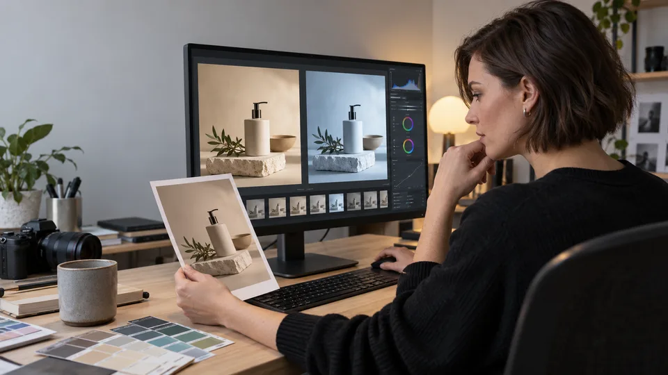 A photographer compares printed and on-screen product images at a studio workstation.